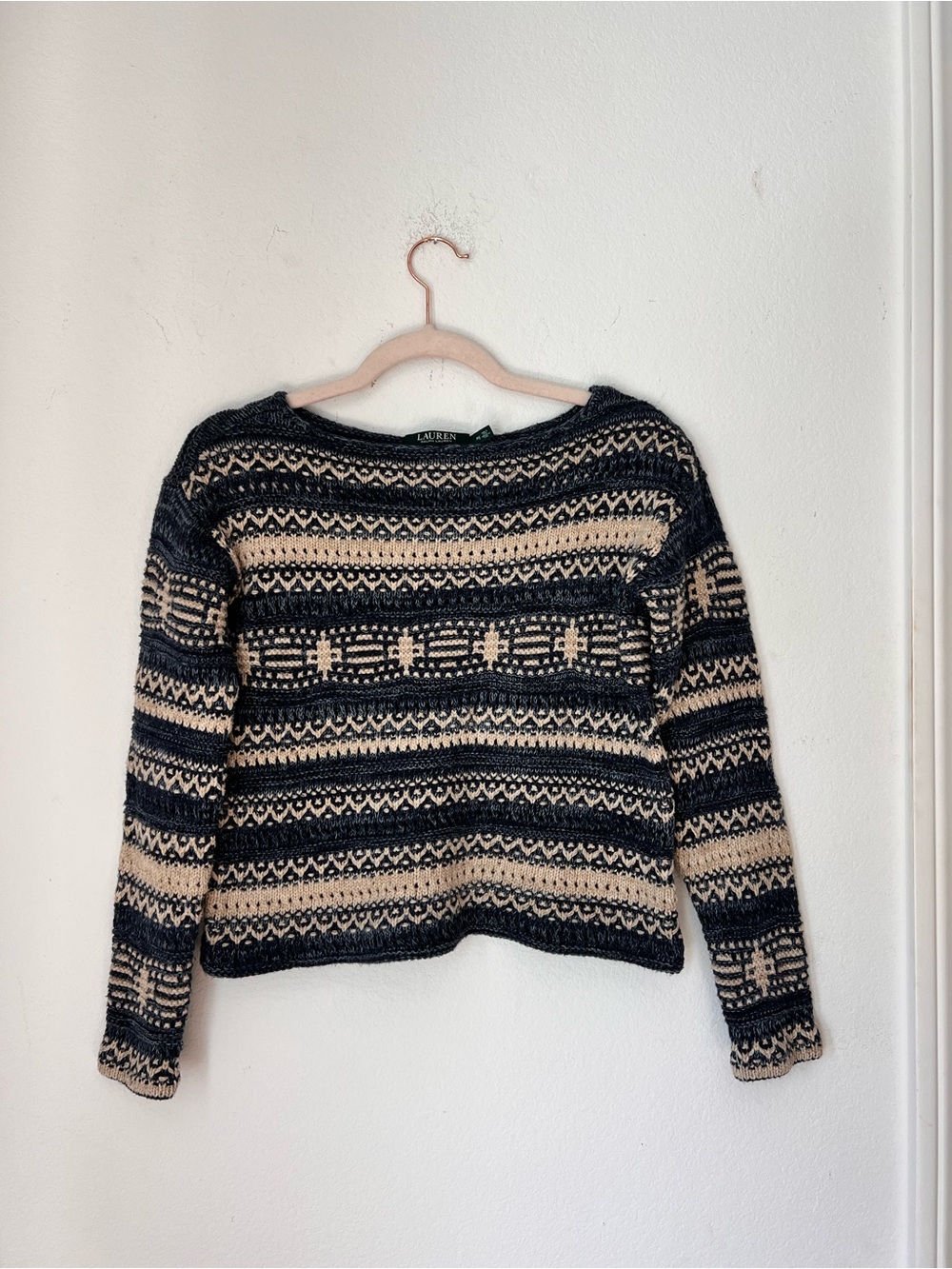 Lauren Ralph Lauren Cotton Linen Crochet Long Sleeves Top Petite Small Coastal
